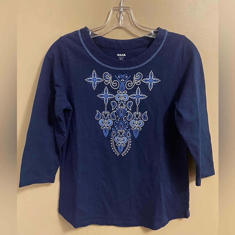ALIA Petite Navy Blue Top w/ Embellishments
